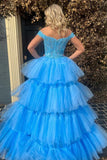 Blue Tulle High-Low Lace Top Off Shoulder Tiered Prom Dress, Party Dress, SP918 | blue prom dress | evening gown | cheap long prom dress | simidress.com
