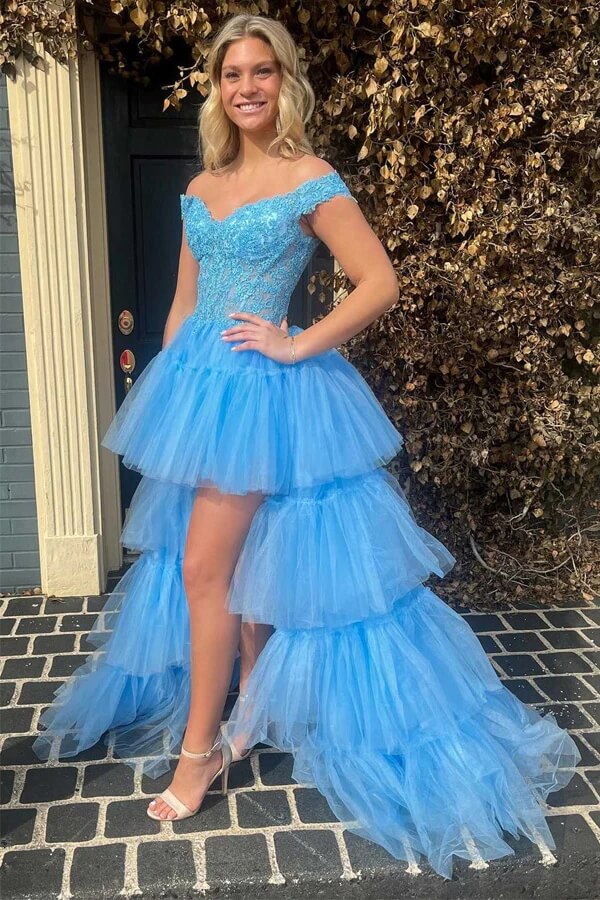 Blue Tulle High-Low Lace Top Off Shoulder Tiered Prom Dress, Party Dress, SP918 | tulle prom dresses | cheap prom dress | long formal dresses | simidress.com