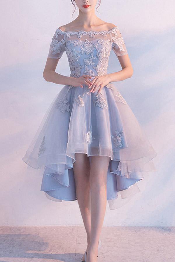 blue dress for baby girl Blue Tulle Lace A-line High Low Homecoming Dresses SH570