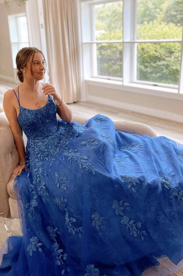 Blue Tulle Lace A-line Scoop Lace Up Long Prom Dresses, Evening Gown, SP747 | lace prom dresses | long formal dresses | evening gown | www.simidress.com