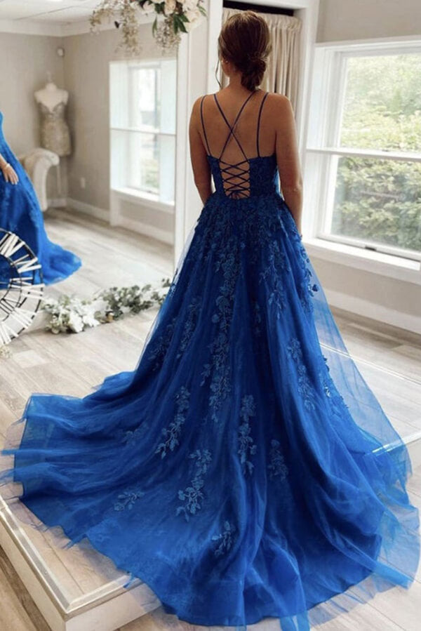 Blue Tulle Lace A-line Scoop Lace Up Long Prom Dresses, Evening Gown, SP747 | cheap long prom dress | a line prom dresses | tulle lace prom dresses | www.simidress.com