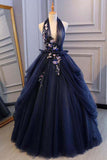 Blue Tulle Lace Ball Gown Deep V-neck Backless Prom Dresses, Evening Dress, SP765