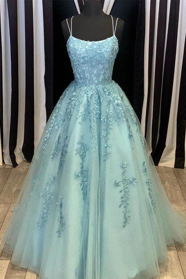 Blue Tulle Lace Scoop Spaghetti Straps Prom Dresses, Long Formal Dress, SP734 | long prom dresses | lace prom dress | blue prom dresses | www.simidress.com