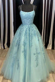 Blue Tulle Lace Scoop Spaghetti Straps Prom Dresses, Long Formal Dress, SP734