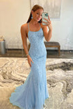 Blue Tulle Mermaid Lace Appliques Prom Dresses, Long Formal Dresses, SP935
