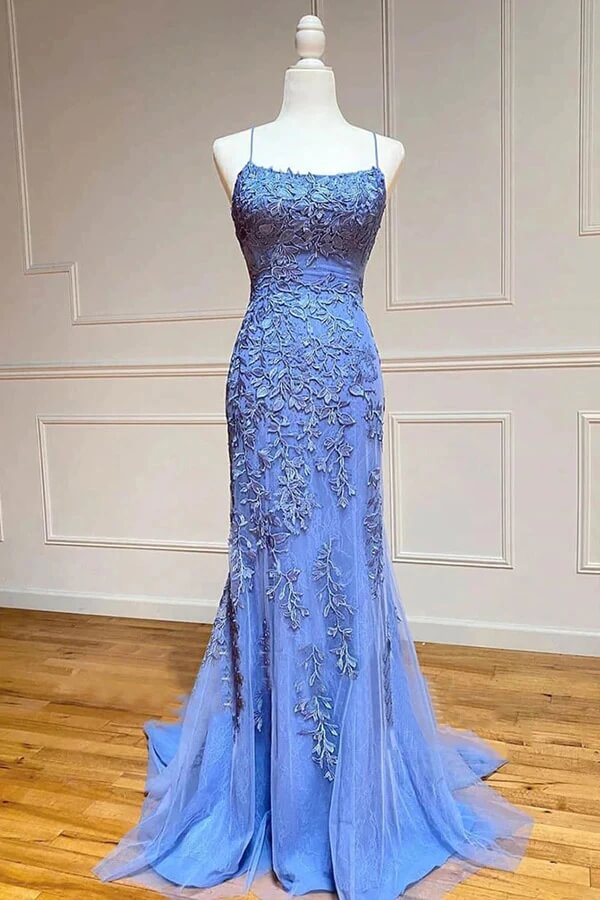 Blue Tulle Mermaid Spaghetti Straps Lace Appliques Long Prom Dresses, SP957 | long formal dresses | prom dresses near me | evening dresses | simidress.com