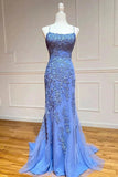 Blue Tulle Mermaid Spaghetti Straps Lace Appliques Long Prom Dresses, SP957 | long formal dresses | prom dresses near me | evening dresses | simidress.com