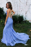 Blue Tulle Mermaid Spaghetti Straps Lace Appliques Long Prom Dresses, SP957 | cheap prom dresses | evening gown | party dresses | simidress.com