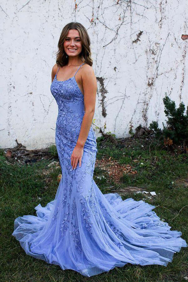 Blue Tulle Mermaid Spaghetti Straps Lace Prom Dress, SP957 | Simidress Blue Tulle Mermaid Spaghetti Straps Lace Prom Dress, SP957 | Simidress