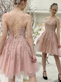 Blush Pink Tulle Lace A-line Sweetheart Neck Short Homecoming Dresses, SH596 | school event dresses | short prom dresses | homecoming dresses online | simidress.com