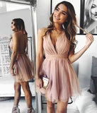 Blush Tulle A-line Halter Backless Homecoming Dresses, Graduation Dress, SH609 | simple homecoming dresses | homecoming dresses online | cheap homecoming dresses | simidress.com