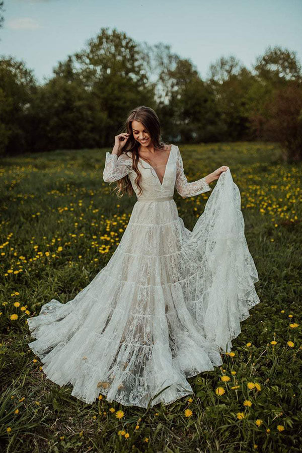 Bohemian Lace A-line Deep V-neck Long Sleeves Backless Wedding Dresses, SW456 | lace wedding dresses | wedding gowns | long sleeves wedding dress | www.simidress.com