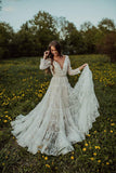 Bohemian Lace A-line Deep V-neck Long Sleeves Backless Wedding Dresses, SW456 | lace wedding dresses | wedding gowns | long sleeves wedding dress | www.simidress.com