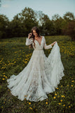 Bohemian Lace A-line Deep V-neck Long Sleeves Backless Wedding Dresses, SW456