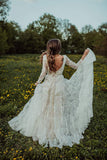 Bohemian Lace A-line Deep V-neck Long Sleeves Backless Wedding Dresses, SW456 | a line v neck wedding dress | beach wedding dresses | bridal gowns | www.simidress.com