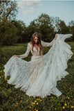 Bohemian Lace A-line Deep V-neck Long Sleeves Backless Wedding Dresses, SW456 | a line lace wedding dresses | cheap wedding dresses | bridal outfit | www.simidress.com