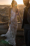 Boho A-line Rose Lace V-neck Spaghetti Straps Beach Wedding Dresses, SW469 | lace wedding dress | bridal gowns | a line wedding dresses | www.simidress.com