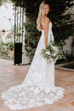 Boho A-line Rose Lace V-neck Spaghetti Straps Beach Wedding Dresses, SW469
