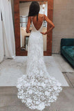 Boho A-line Rose Lace V-neck Spaghetti Straps Beach Wedding Dresses, SW469 | a line v neck wedding dress | cheap lace wedding dresses online | beach wedding gown | www.simidress.com