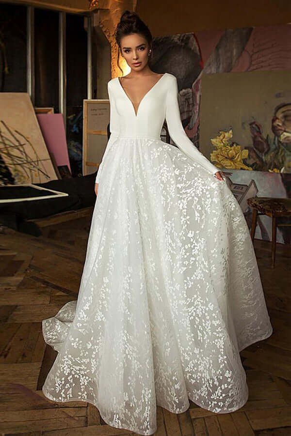 Boho A-line V-neck Lace Long Sleeves Wedding Dresses SW488 | Simidress Boho A-line V-neck Lace Long Sleeves Wedding Dresses SW488 | Simidress
