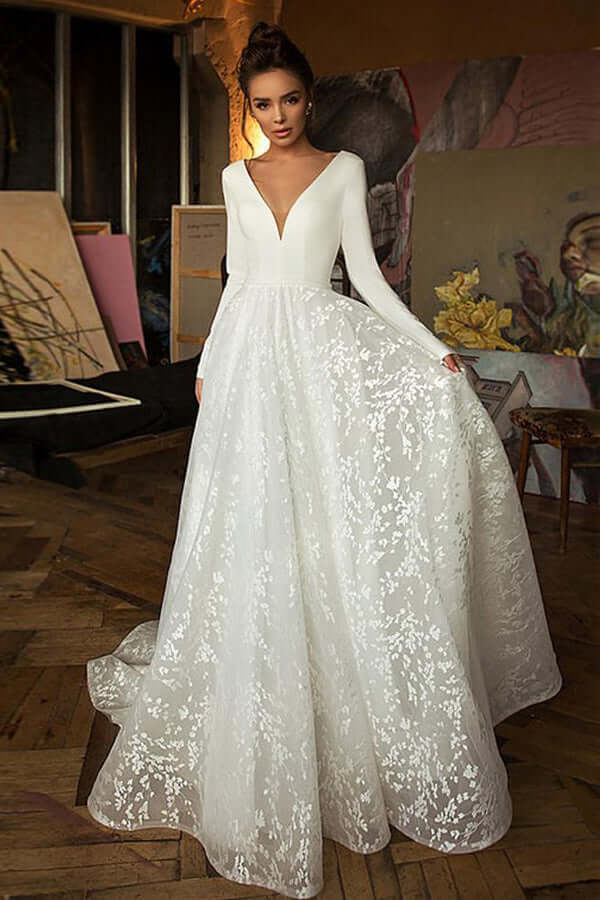 Boho A-line V-neck Lace Long Sleeves Wedding Dresses With Sweep Train, SW488 | lace wedding dresses | cheap wedding dresses online | long sleeves wedding dress | www.simidress.com
