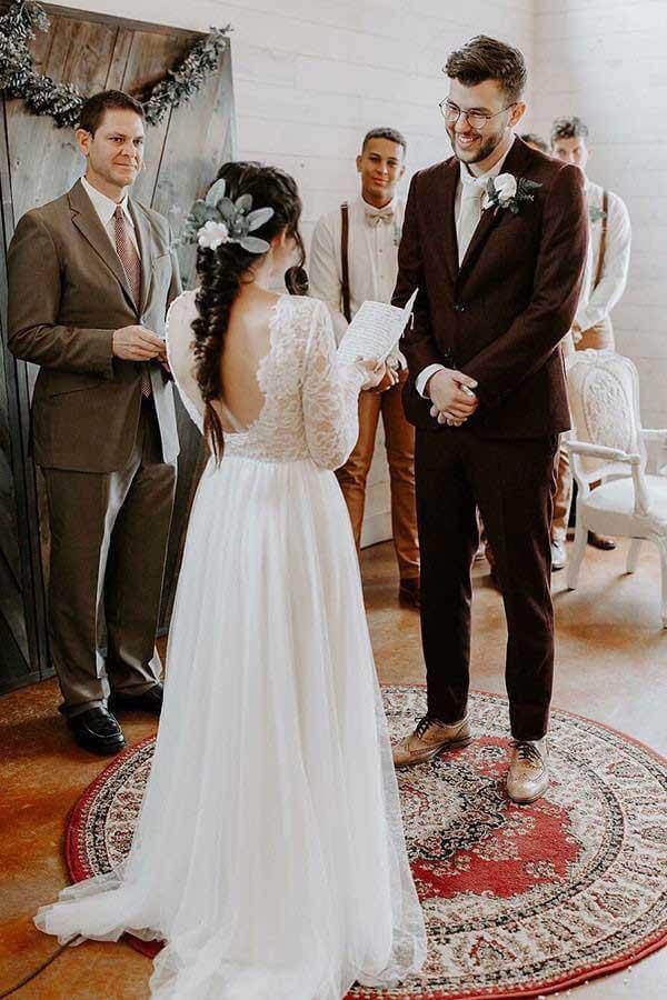 Boho Lace A-Line Backless Round Neck Long Sleeves Wedding Dresses, SW431 | tulle wedding dresses | a line wedding dress | bridal gowns | www.simidress.com