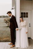 Boho Lace A-Line Backless Round Neck Long Sleeves Wedding Dresses, SW431