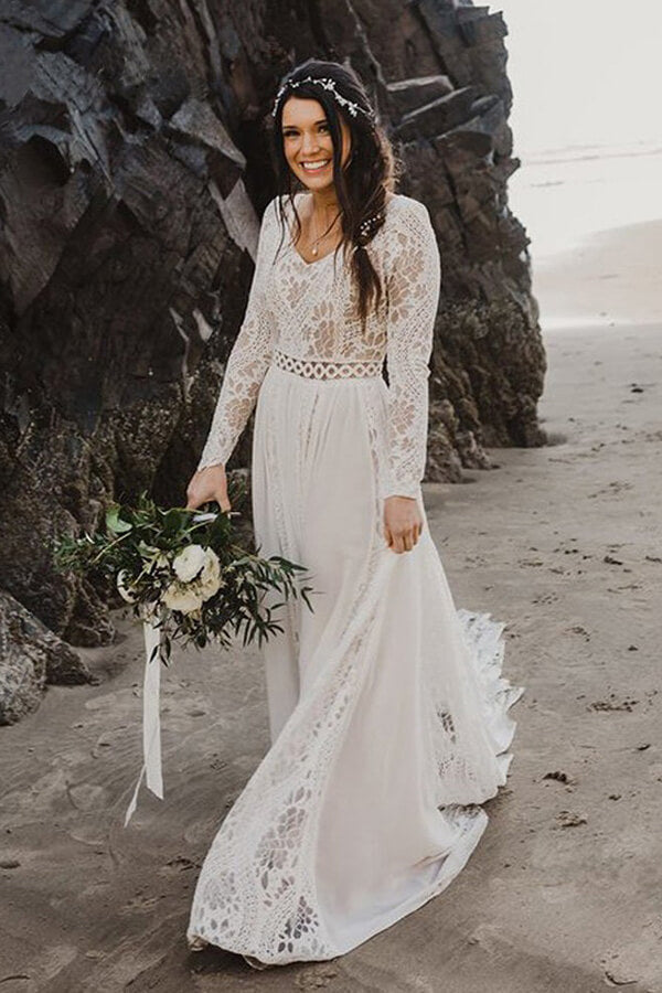 Boho Long Sleeves Ivory Lace Beach Wedding Dresses SW487 Simidress