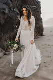 Boho Long Sleeves Ivory Lace A-line Beach Wedding Dresses, Wedding Gown, SW487