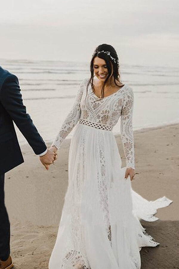 Boho Long Sleeves Ivory Lace Beach Wedding Dresses SW487 Simidress