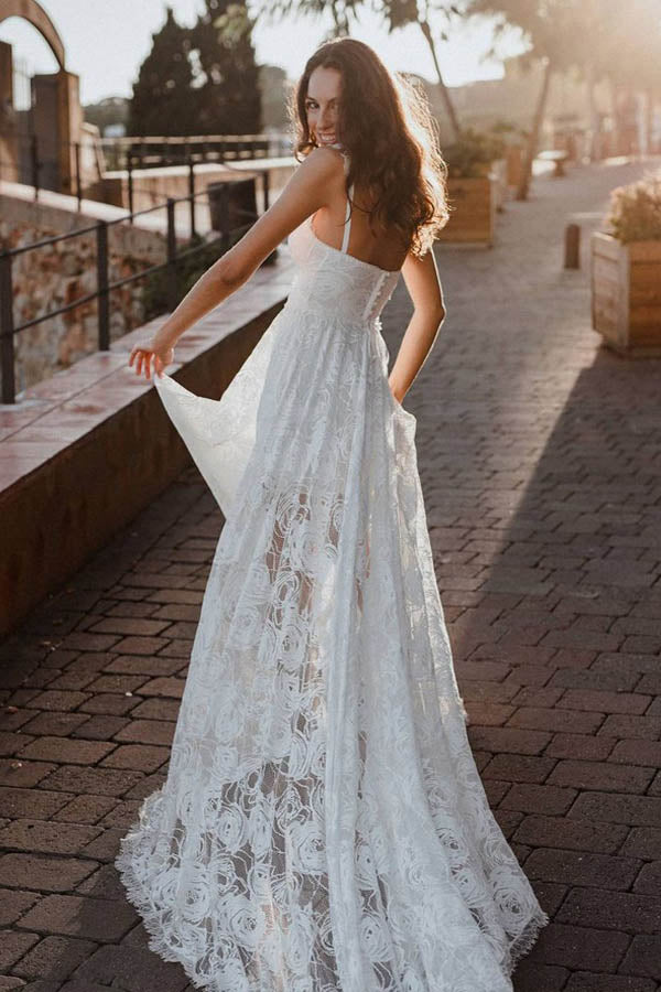 Boho Rose Lace Straps Sweetheart Wedding Dresses, SW486 | Simidress Boho Rose Lace Straps Sweetheart Wedding Dresses, SW486 | Simidress