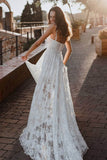 Boho Rose Lace Spaghetti Straps Sweetheart Wedding Dresses With Slit, SW486