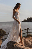 Boho Rose Lace Spaghetti Straps Sweetheart Wedding Dresses With Slit, SW486 | a line beach wedding dresses | wedding dresses online | cheap lace wedding dresses | www.simidress.com