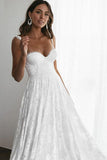 Boho Rose Lace Spaghetti Straps Sweetheart Wedding Dresses With Slit, SW486 | ivory lace wedding dresses | boho wedding dresses | wedding gown | www.simidress.com