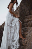 Boho Rose Lace Spaghetti Straps Sweetheart Wedding Dresses With Slit, SW486 | lace beach wedding dresses | cheap wedding dresses | bridal gown | www.simidress.com
