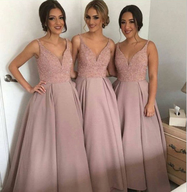 Dusty Rose Long Bridesmaid Dresses, A-Line V-Neck Bridesmaid Gown, S478