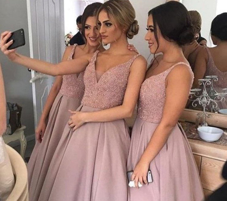Dusty Rose Long Bridesmaid Dresses, A-Line V-Neck Bridesmaid Gown, S478
