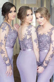 Elegant Lace Long Sleeves Bridesmaid Dress,Lavender Mermaid Bridesmaid Dress,SVD479