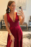 Burgundy A-line V-neck Long Prom Dresses with High Slit, Evening Dresses, SP936 | cheap long prom dresses | long formal dresses | party dresses | simidress.com