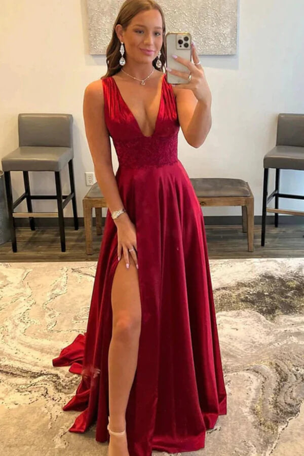 Satin A Line Red Deep V Neck Prom Dress Satin A Line Red Deep V Neck Prom Dress