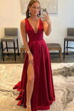 Burgundy A-line V-neck Long Prom Dresses with High Slit, Evening Dresses, SP936 | red prom dresses | simple prom dresses | evening gown | simidress.com