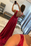 Burgundy A-line V-neck Long Prom Dresses with High Slit, Evening Dresses, SP936 | lace prom dresses | cheap long prom dress | prom dresses for teens | simidress.com