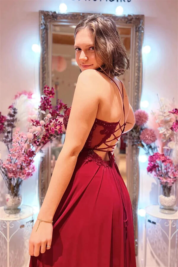Burgundy A-line V-neck Slit Long Prom Dresses With Lace Appliques, SP961 | simple prom dresses | red prom dresses | beaded prom dress | simidress.com