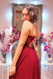 Burgundy A-line V-neck Slit Long Prom Dresses With Lace Appliques, SP961 | simple prom dresses | red prom dresses | beaded prom dress | simidress.com