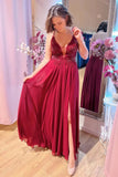 Burgundy A-line V-neck Slit Long Prom Dresses With Lace Appliques, SP961