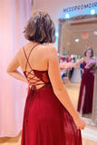 Burgundy A-line V-neck Slit Long Prom Dresses With Lace Appliques, SP961 | long prom dresses | long formal dresses | prom dresses stores | simidress.com