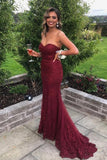 Burgundy Lace Sweetheart Neck Strapless Prom Dresses, Long Formal Dress, SP966
