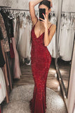 Burgundy Mermaid V Neck Backless Sequins Prom Dresses Evening Dress, SP696