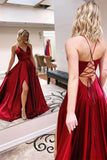 Burgundy Satin A-line V-neck Spaghetti Straps Prom Dresses, Evening Dress, SP757