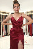 Burgundy Silk Satin Mermaid V-neck Spaghetti Straps Prom Dress with Split, SP815 | cheap long prom dresses | satin prom dresses | evening gowns | www.simidress.com